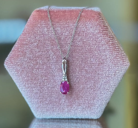 14K White Gold Oval Ruby & Diamond Drop Pendant Necklace
