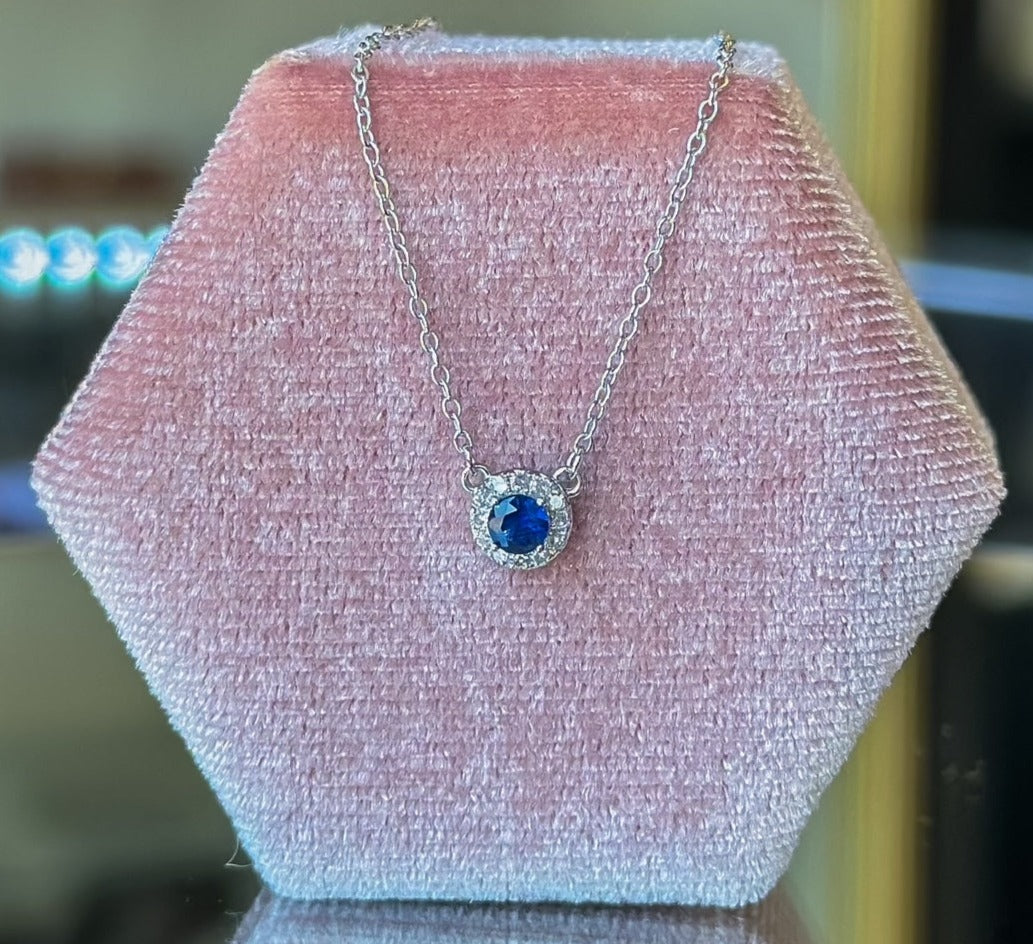 10K White Gold Sapphire Diamond Halo Necklace