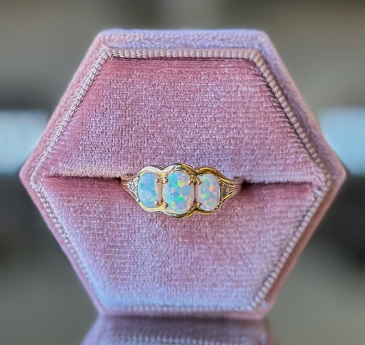 10K Yellow Gold 3 Stone Oval Opal & Diamond Ring