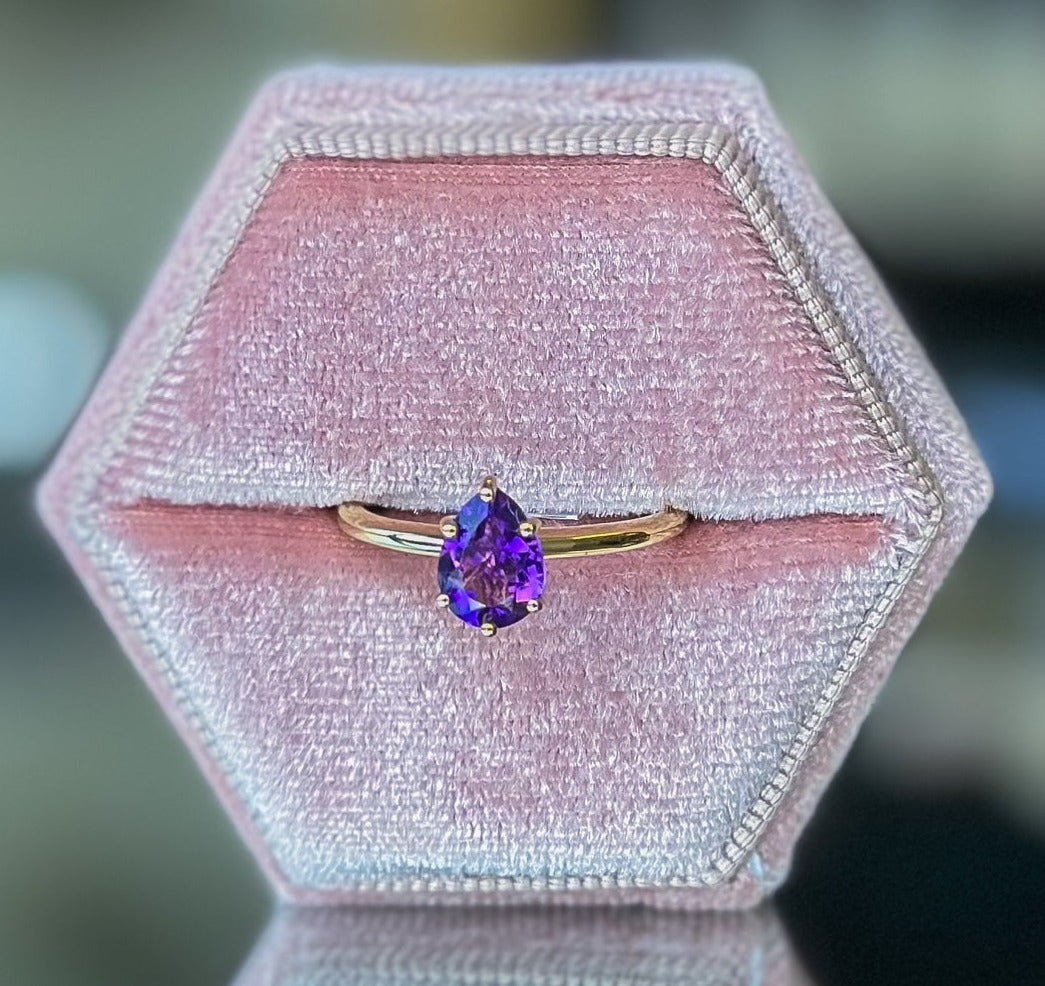 14K Yellow Gold Pear Shaped Amethyst Solitaire Ring