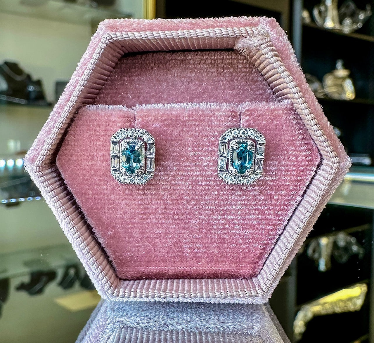 10K White Gold Montana Sapphire & Diamond Halo Earrings