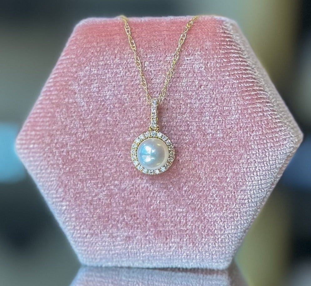 14K Yellow Gold Pearl Diamond Halo Necklace