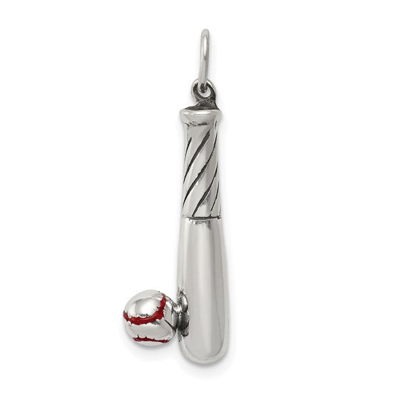 Sterling Silver Polished and Antiqued Enamel Bat and Ball Charm