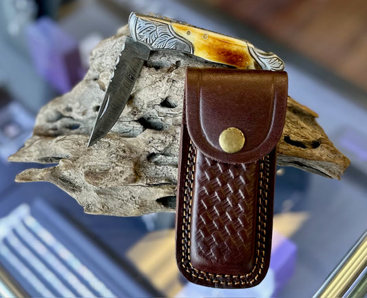 Damascus Steel Handmade Pocket Knife with Burnt Bone Handles
